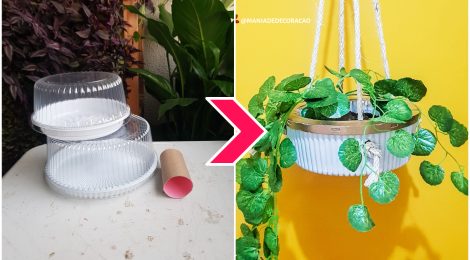 Cachepot de gesso feito com embalagens de bolo