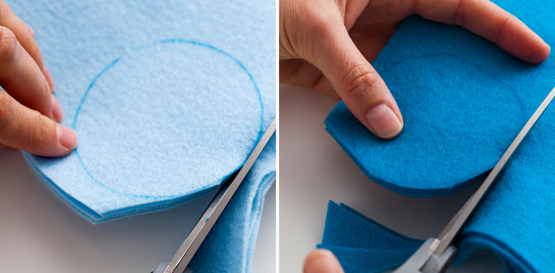 Utilize o molde em cartolina (ou papelão) para demarcar os círculos nos feltros. Recorte as bolas