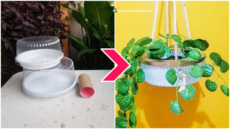 Cachepot de gesso feito com embalagens de bolo