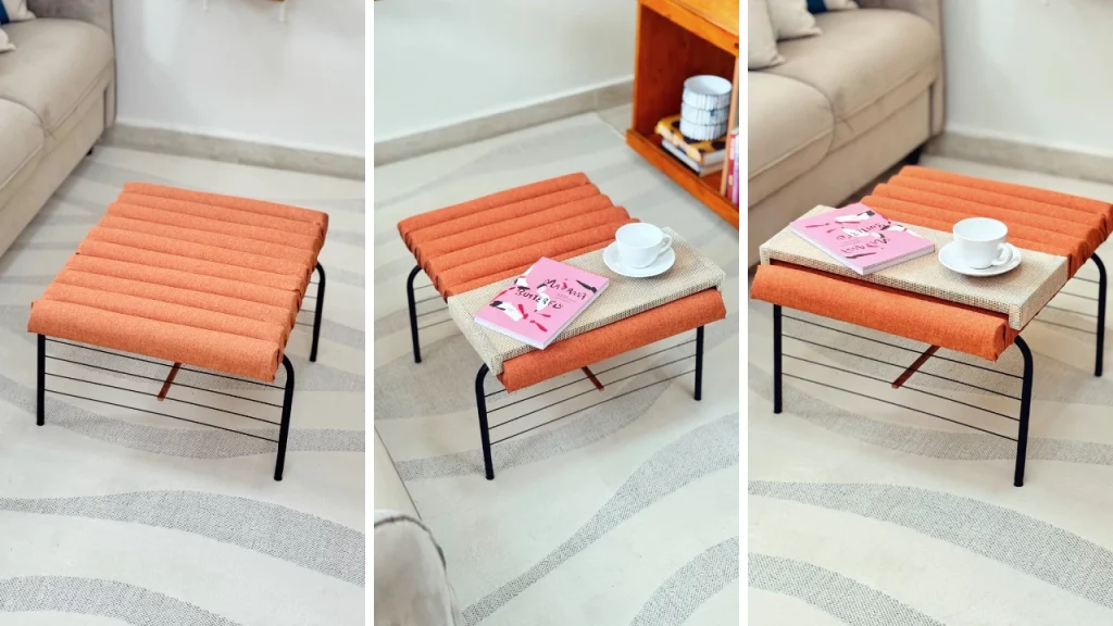 imagem de uma mesa de centro feita com varal, o móvel possui estofamento laranja e está em uma sala