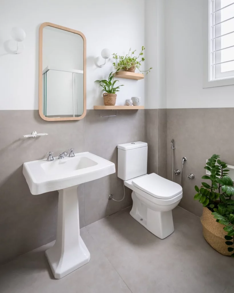 Lavabo com prateleiras com plantas na parede, pintura segmentada acinzentada, espelho retangular com moldura de madeira clara e plantas no chão.