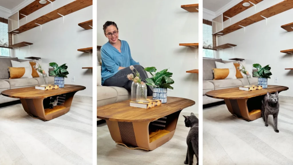 Mesa de centro com cama para pet fotografada em ângulos diferentes e feita de madeira.