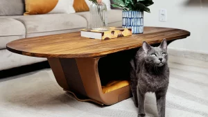 Gata saindo da caminha para pet embutida em mesa de centro de madeira.