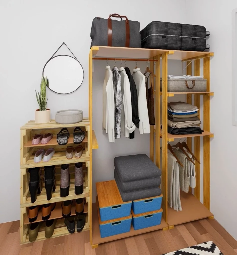 Projeto 3D de quarto com guarda-roupas feito com estrado de cama. 