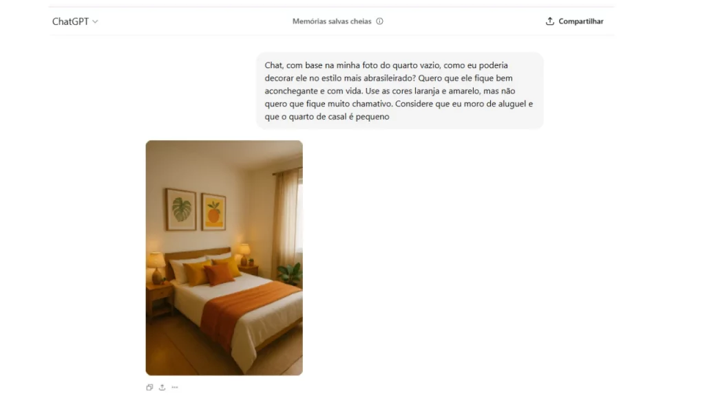 Conversa com o ChatGPT para criar uma imagem de ideia de decoração para quarto de casal com estética brasileira e cores laranja e amarelo.