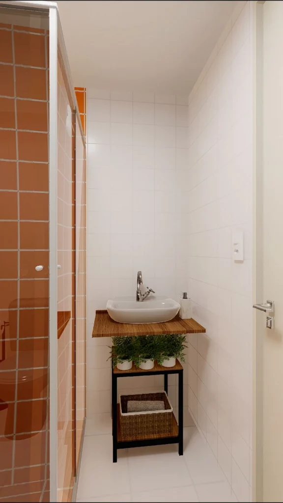 Pia com estante e vasos de planta tapando o sifão.