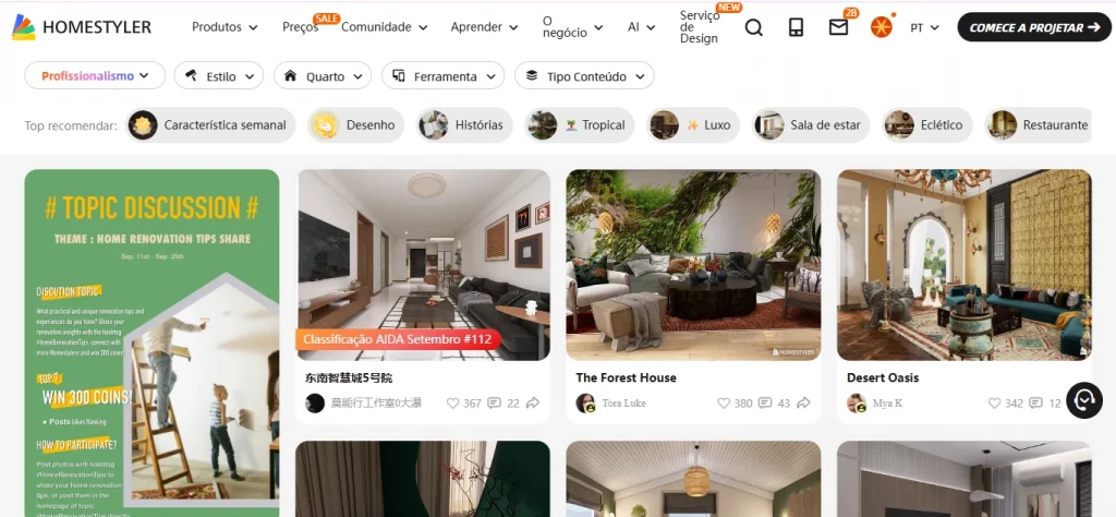Página inicial do Homestyler com buscas de decoração em projetos de desenho.