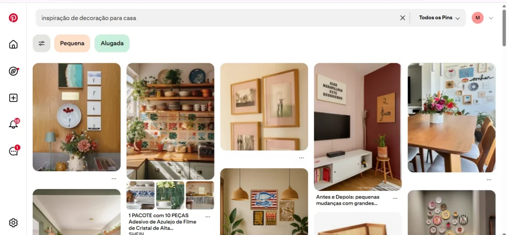 Página inicial do Pinterest na busca por inspiração de decoração para casa.