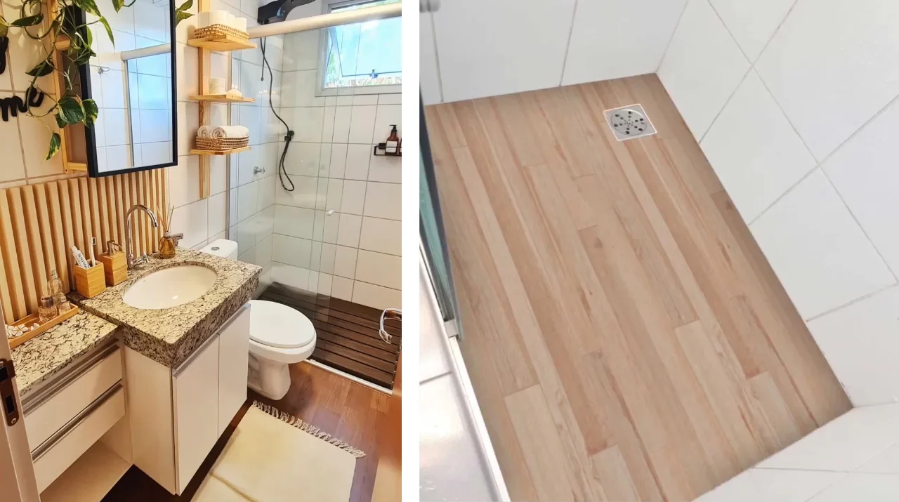 Piso do box do banheiro com deck de madeira plástica e adesivo lavável antiderrapante.