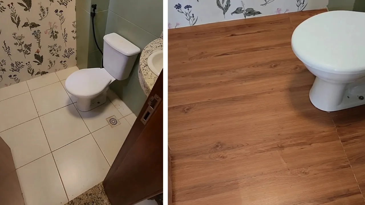 Piso vinílico adesivo instalado no lavabo, antes e depois.
