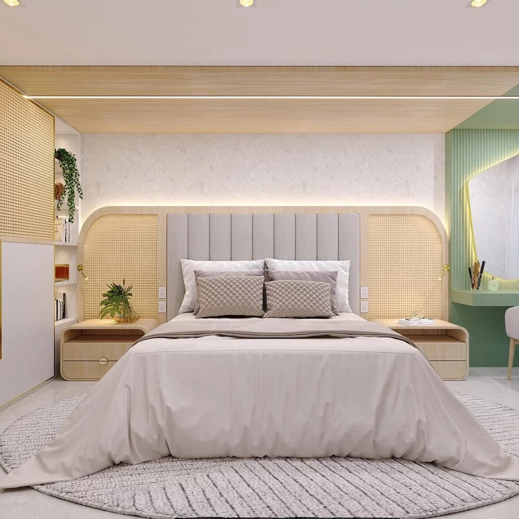 Quarto com cabeceira de cama suave, em tons de cinza e com textura de palha indiana.