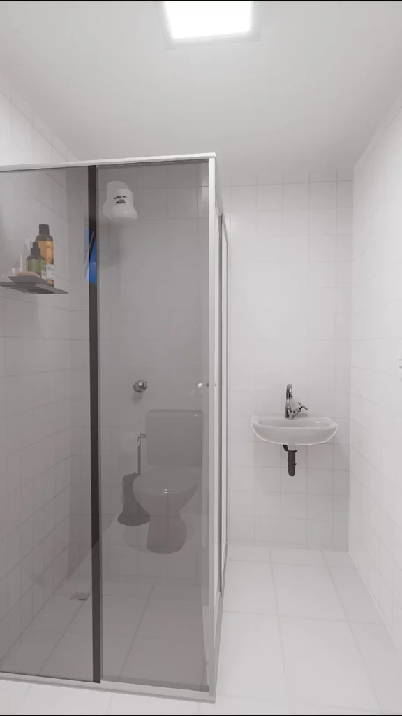 Rejuntes do banheiro pintados de branco no chão e na parede.