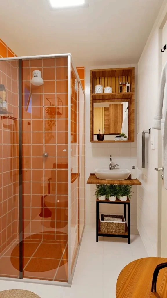Projeto de banheiro com nicho de madeira, box com azulejos coloridos, pia com estante e plantas.