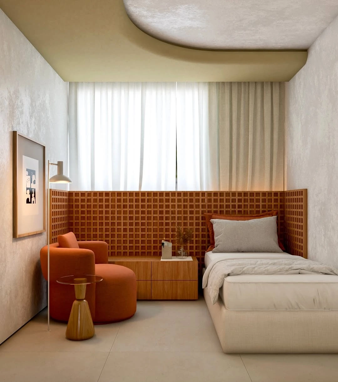 Quarto com tons terrosos e detalhe no teto em bege esverdeado.