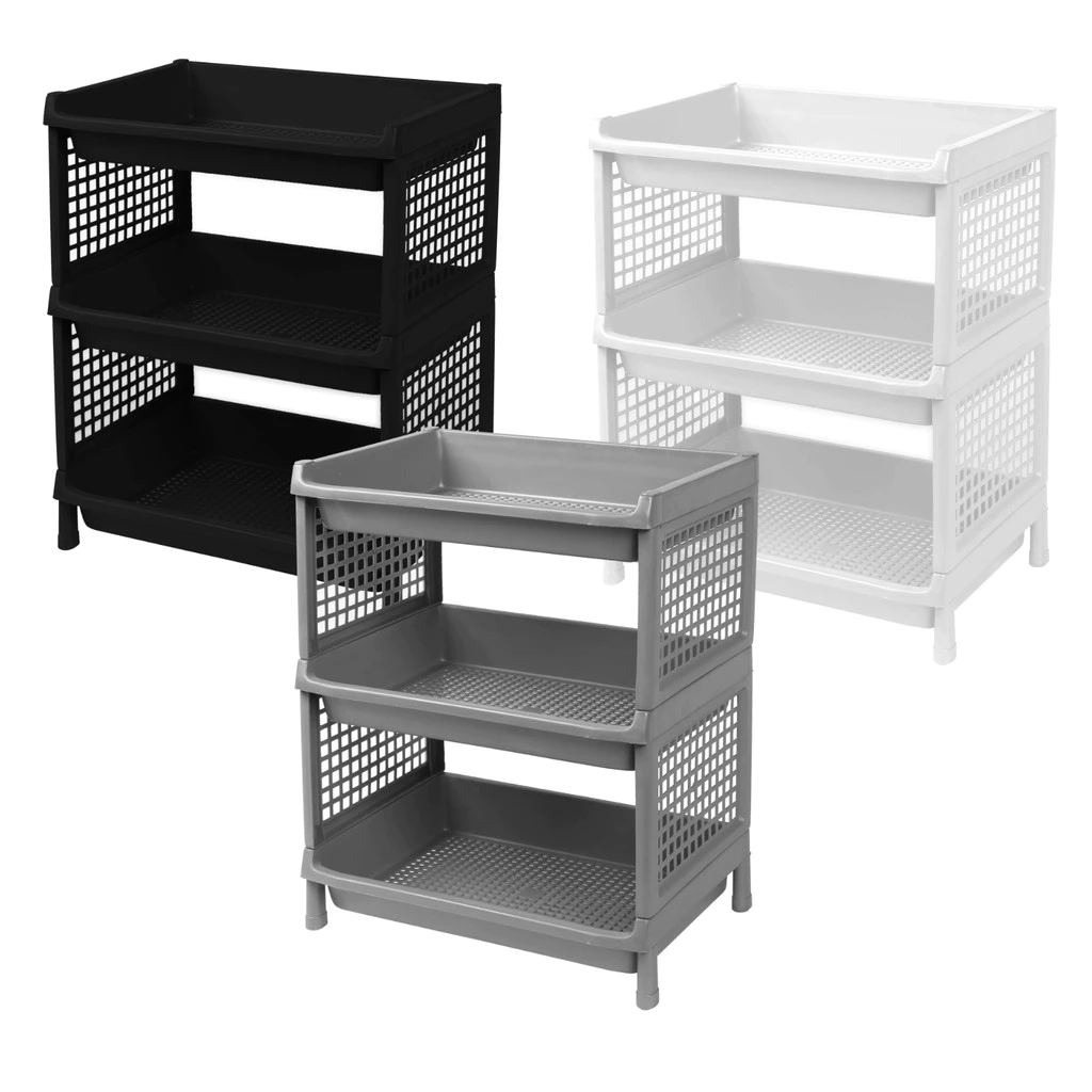 Três estantes de plástico nas cores branco, cinza e preto.