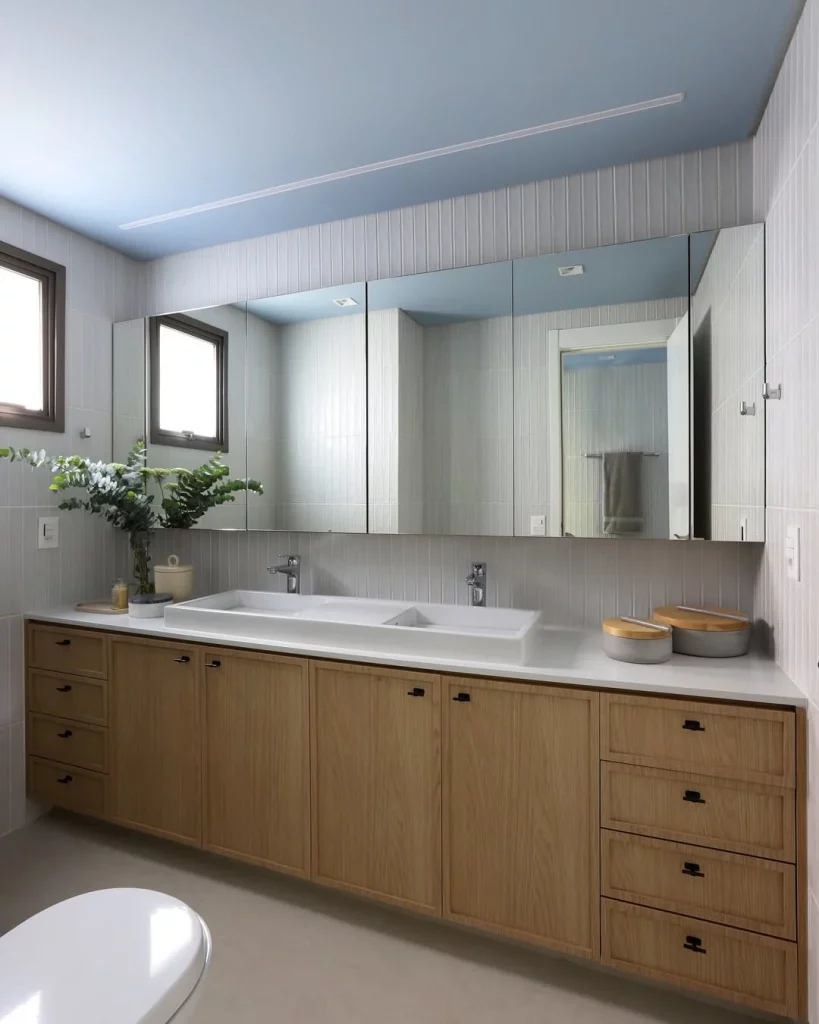 Banheiro com piso de porcelanato acetinado, armário de madedira extenso e vaso de planta na pia.