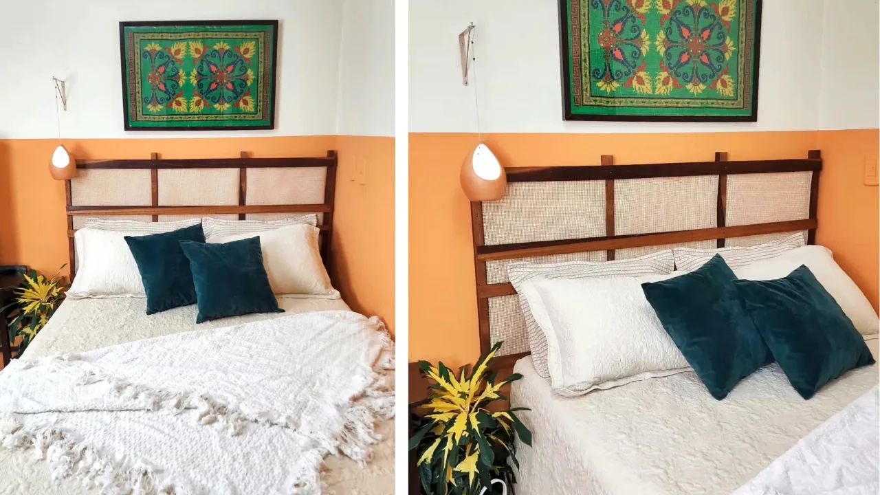 Cabeceira de cama usando talgarça e estrado de cama de madeira, parede com pintura setorizada laranja e quadro acima da cabeceira.