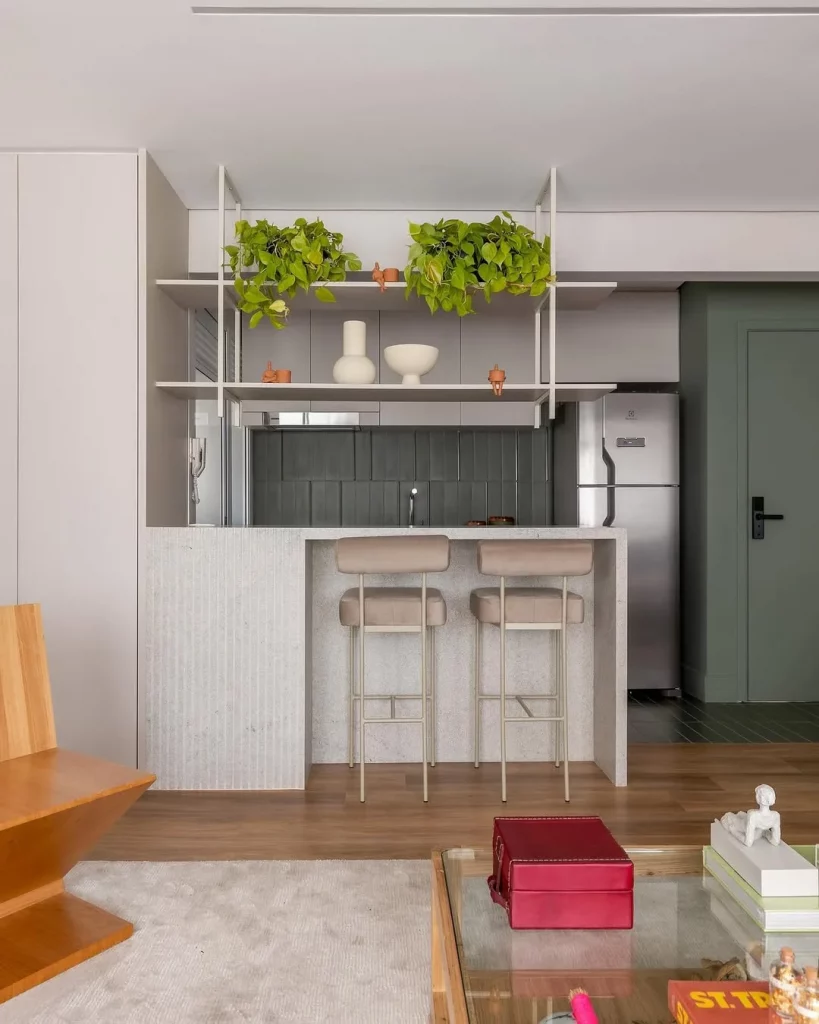 Sala e cozinha compartilhada na entrada de casa com caixa vermelha e plantas chamando atenção na decoração.