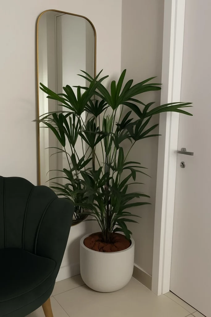 Espelho retangular com borda arredondada no canto da porta com planta.