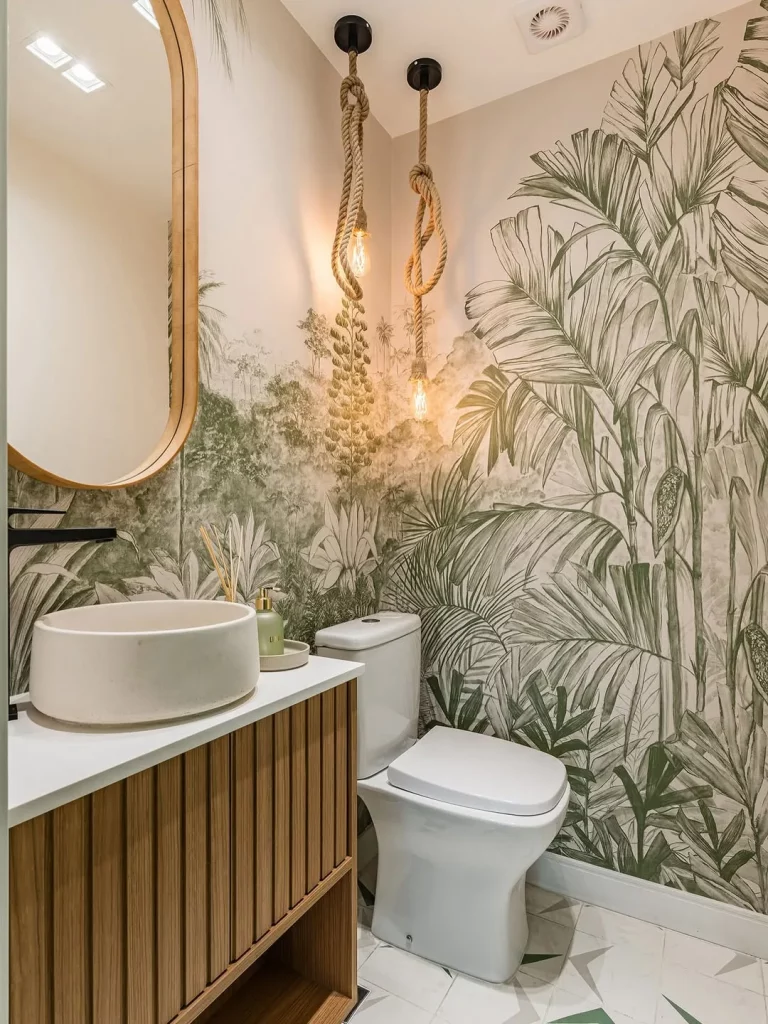 Banheiro pequeno com pêndulo rústico e estampa na parede.