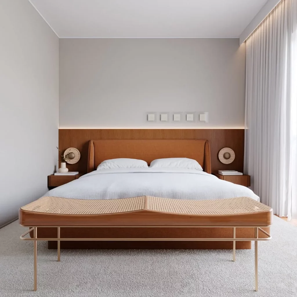 Móveis modernos e marrons no quarto minimalista.