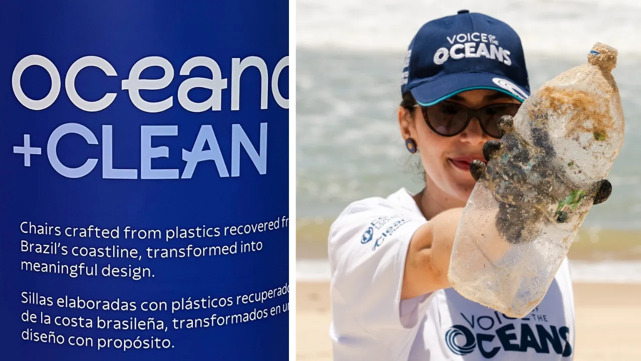 Ráisa com plástico de garrafa pet na praia e informativo da linha Ocean + Clean