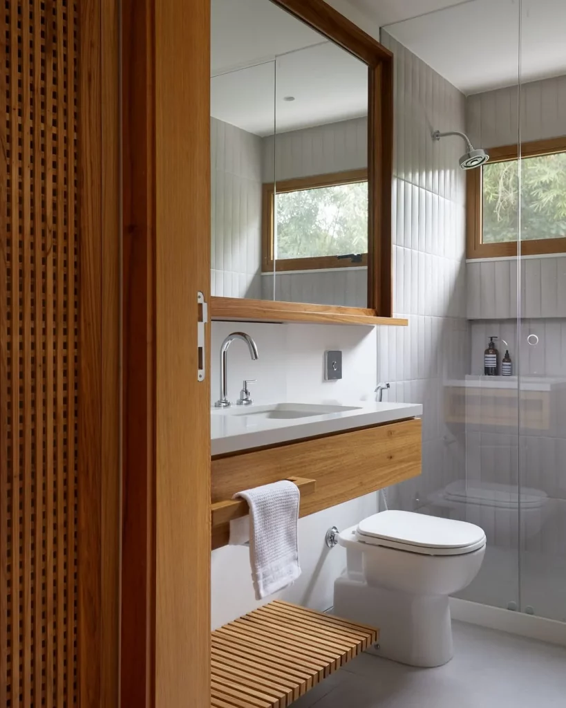 Prateleira de madeira clássica embaixo da pia e extensão do espelho.