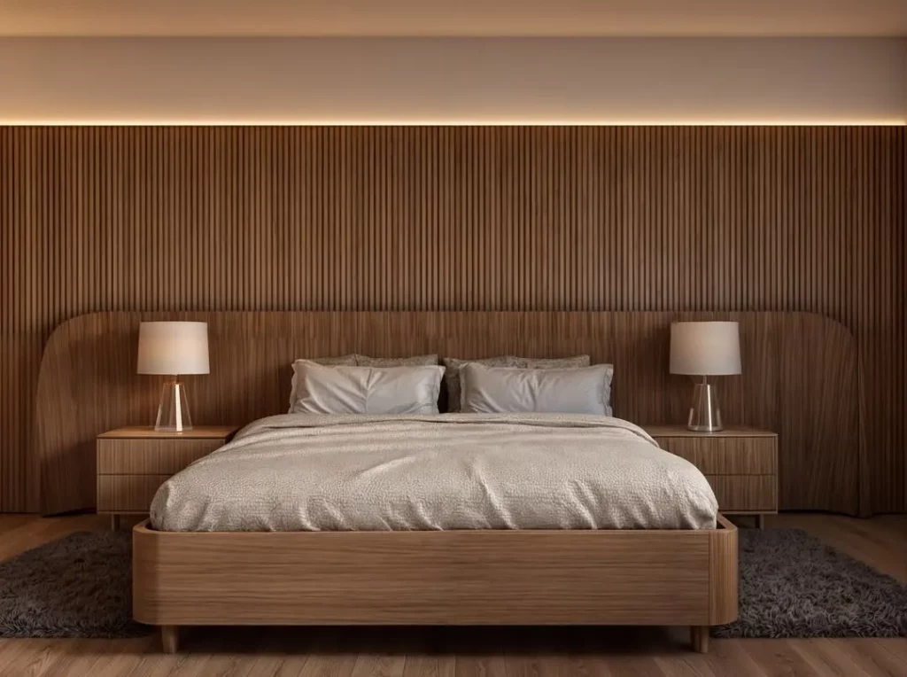 Quarto minimalista marrom escuro.
