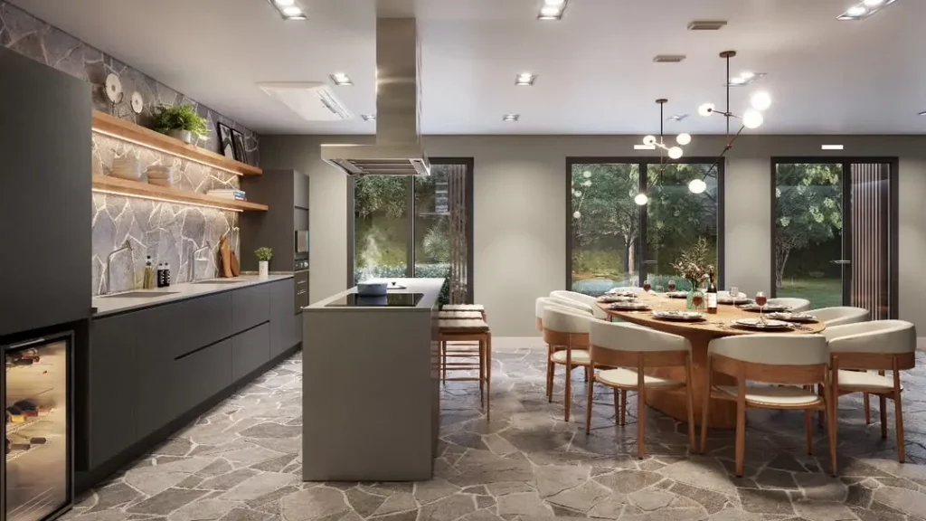 Sala e cozinha integrada com janelas grandes de vidro e móveis cinza.