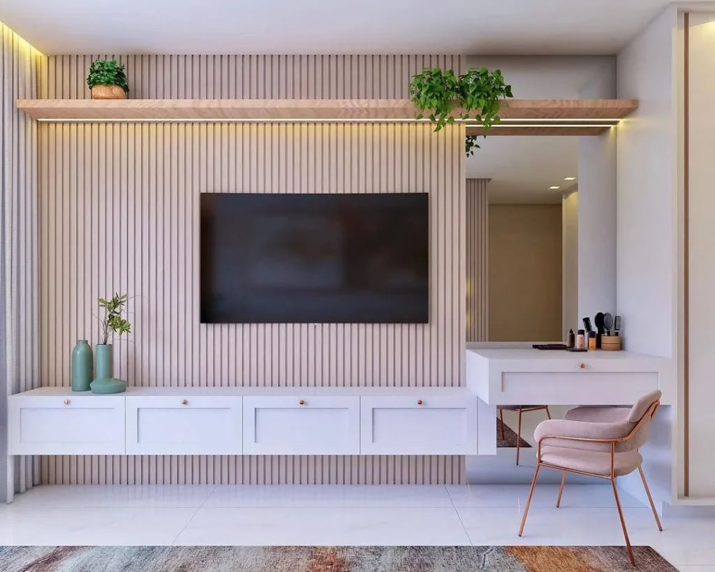 Penteadeira integrada na no aparador da sala de estar.