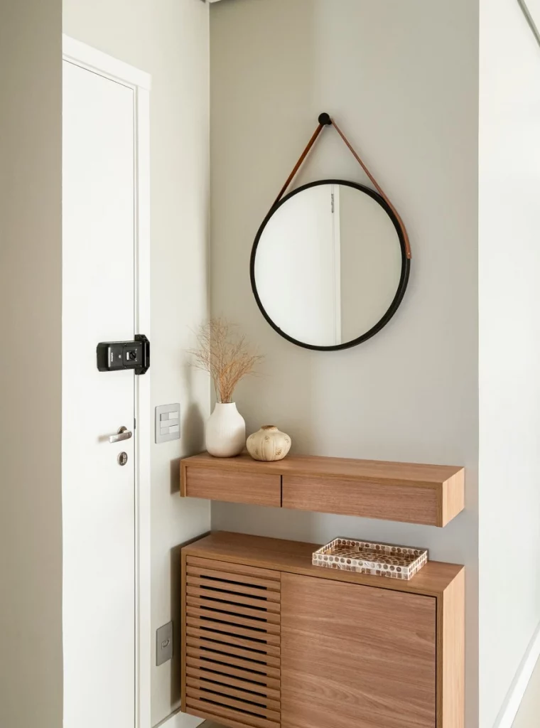 Hall de entrada pequeno com espelho redondo em casa.