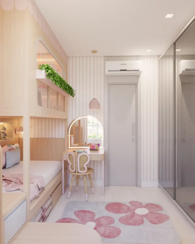 Penteadeira com cadeira de borboleta, espelho em arco com LED embutido e detalhe verde na cama.