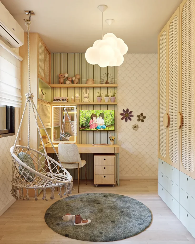 Penteadeira com espelho com LED embutido, feita de madeira e com prateleiras acima.