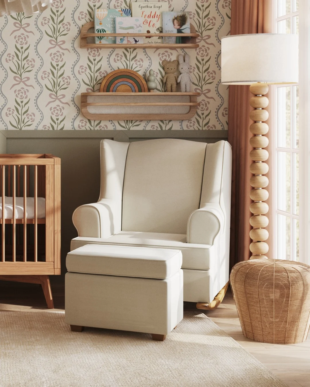 Poltrona de amamentação branca com banco para os pés.