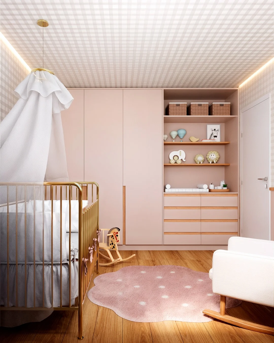 Quarto de bebê com teto estampado, berço de metal e tapete rosa.