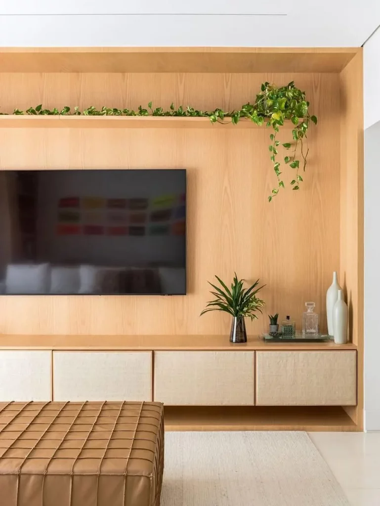 Rack suspenso com estofado e planta na prateleira.