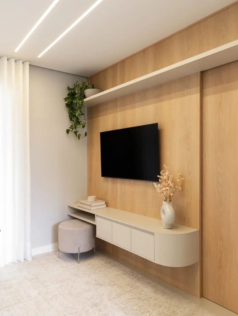 Rack com bordas arredondadas, prateleira, banco embaixo.