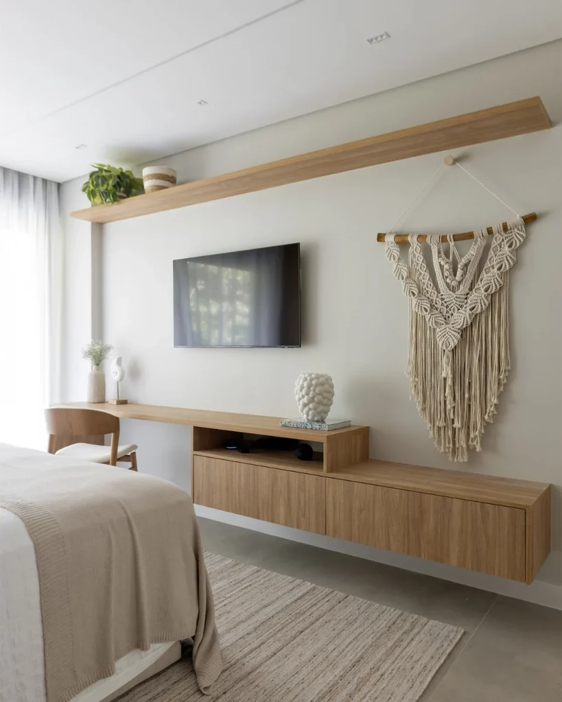 Rack suspenso no quarto em um visual sofisticado e leve.