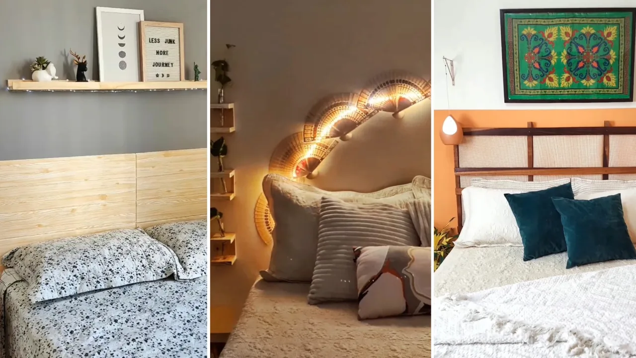 Três ideias de cabeceira, sendo uma com leques, outra com painel falso de madeira e autoadesivo, outra com estrado de cama e talagarça.