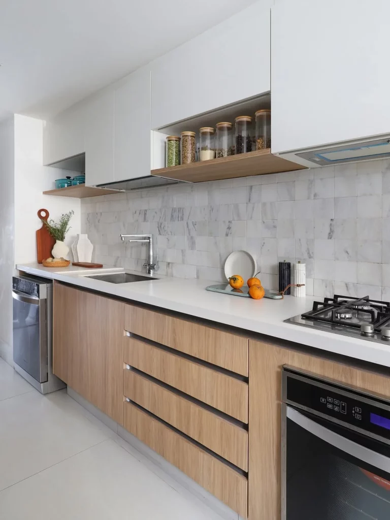 Cozinha com bancada branca e revestimento marmorizado.