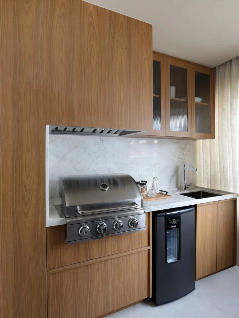 Cozinha com bancada com espaço para churrasqueira e armário de madeira.