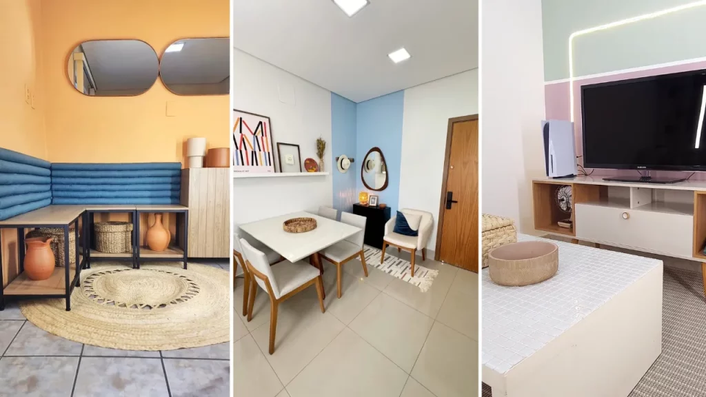 Três opções de decoração de sala estar colorida, com pintura na parede e móveis em um layout agradável.
