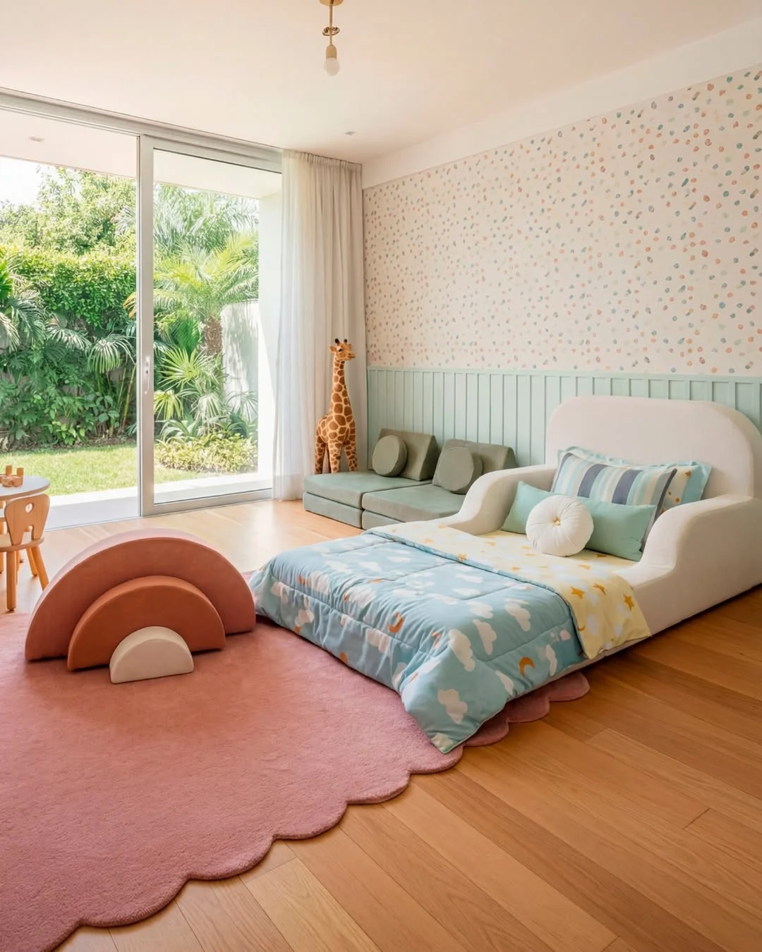 Quarto infantil colorido e lúdico, papel de parede delicado e girafa de pelúcia.