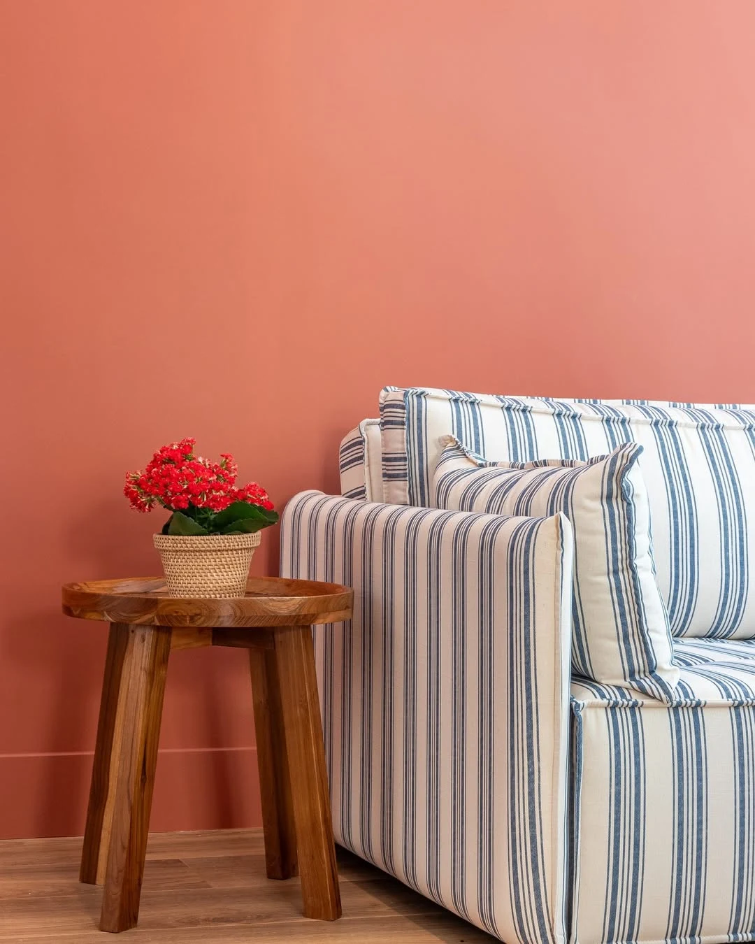 Sala com parede salmão e sofá com almofada de mesma estampa listrada de azul com branco.
