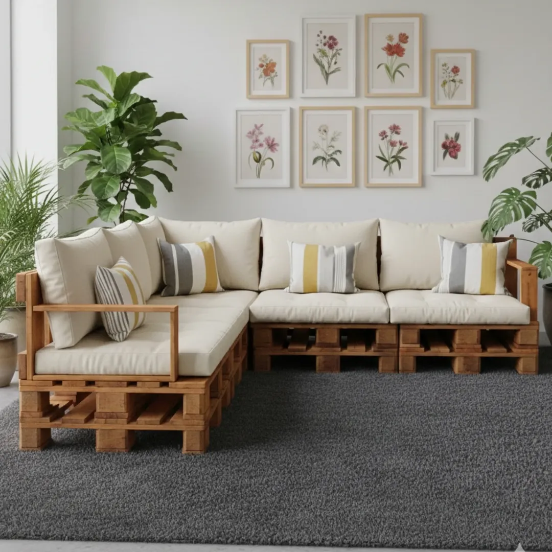 Sofá feito de pallet, quadros na parede e almofadas brancas.