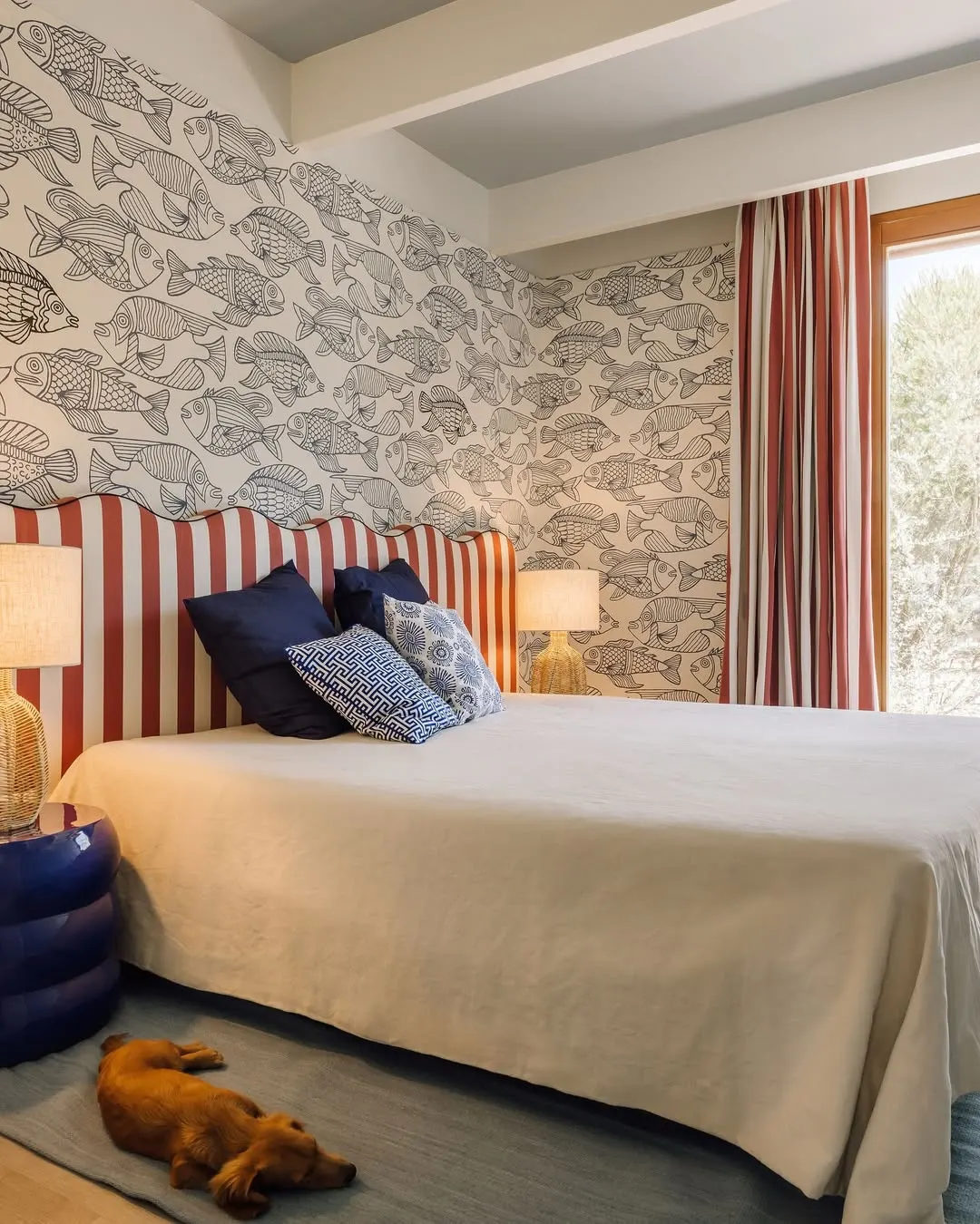 Papel de parede de peixe preto e branco, cabeceira colorida listrada de vermelho.