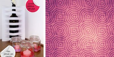 Potes p/ velas pintados com esmaltes e garrafa enfeitada com papel